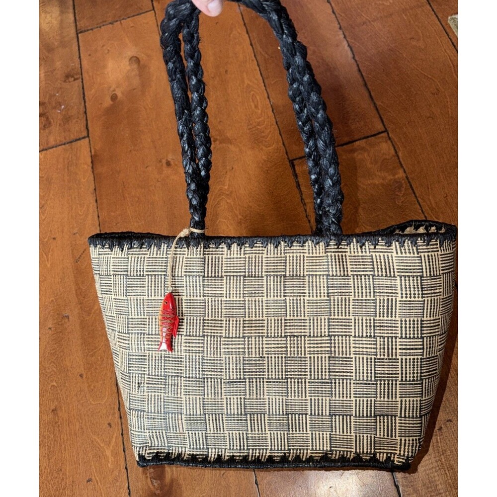Redfish Designs Straw Black  Tan Woven Summer Tote Bag Fish Hang Tag Women's